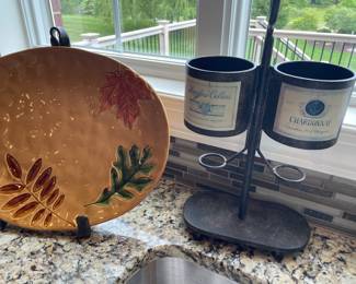 Large platter and plate stand, and metal wine holder