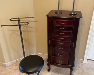 Jewelry box, metal towel stand, fingertip towel stands (2) and metal stool (2 available)