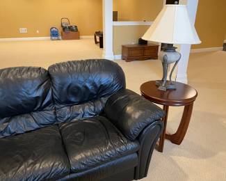 Black leather couch with wood side table (2 available)