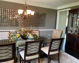 Dining table with round metal pedestals and beveled glass (1'2" glass) top, 6 linen side chairs, 2 upholstered armchairs, china hutch with cabinet by Bernhardt
