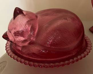 Vintage Indiana Glass Sleeping Cat on Nest