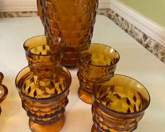 Vintage Amber Glass Pitcher and glasses