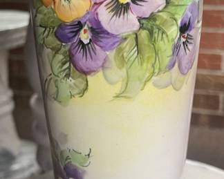 GDA Limoge Hand Painted Pansies Tall Vase-Signed