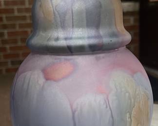 Nouveau Art Glass Satin Water color Hand Painted 2-pc Jar  by Rueven 