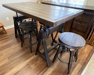 Adjustable farmhouse style dining table with 4 swivel stools