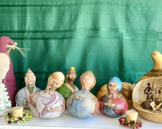 Handed painted and signed 5 piece gourd nativity set, gourd nativity with detachable front (SOLD), hand crafted Santa, etc.