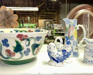 Large hand painted pottery bowl, porcelain decor & creamer, pitcher