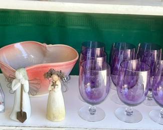 Vintage hankies, heart shaped signed pottery bowl, amethyst stems with crystal bases, etc.