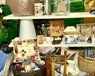 Antique/vintage decor, Salt Box, Dazey butter churn, metal baskets (sold), thread spools, etc. (some items SOLD)