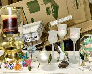 Brass candlesticks, hummingbird collectibles