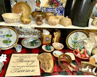 Vintage signed pottery (some SOLD), misc. decor