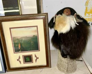 Southwest print with stone (Turquoise?) sample, Native American figure w/ fur coat