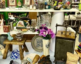 Antique/vintage decor, metal/wood butter churn (SOLD), wooden pully (SOLD), vintage stool (SOLD), egg scale, etc.