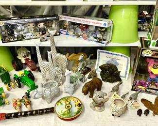 Vintage tin litho toy Banjo, Wooden and resin animals, The American Buffalo sculpture, planters, Funko Pops