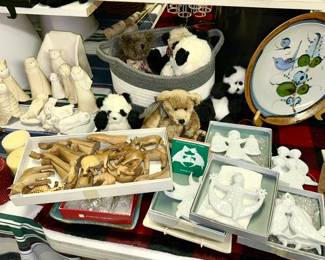 Southwest clay Nativity, carved wooden Nativity, carved African animals, Haviland porcelain Christmas ornaments, woven basket, hand crafted Teddy Bears, hand painted plate from Mexico