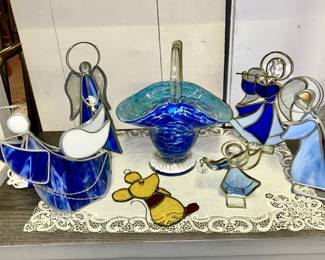 Stained glass angels, stained glass mouse ornament, art glass basket