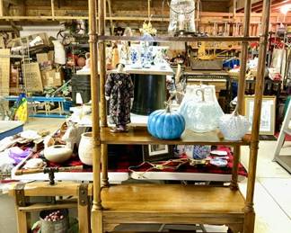 Tall oak display shelf, Vintage grape press