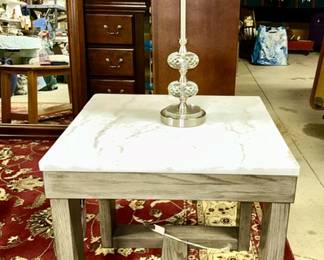 Signature Design by Ashley side table w/ stone top, cut glass table lamp