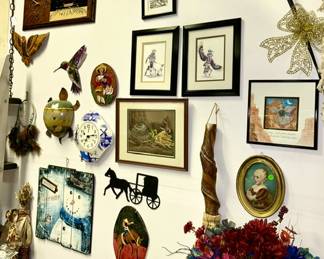 Signed Native American prints (2), Wall Art, Delft blue & white clock, twisted wooden handle broom decor