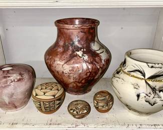 Native American, Southwest horse hair pots (smaller horse hair pot is SOLD) and hand painted small pots