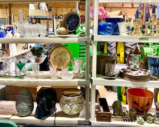 Collectible glassware, Brass candlesticks, planters, garden animals, brass pail, enamel pail, etc.