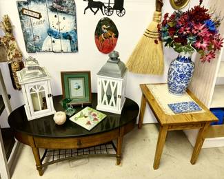 Oval coffee table w/ drawer, Oak side table, large blue & white vase, decorative candle holders, misc. decor and wall hangings