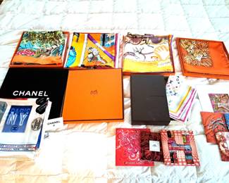 GREAT COLLECTION OF SIGNED HERMES, CHANEL, LOUIS VUITTON AND OTHER SCARVES WITH BOXES - NEVER WORN, PURCHAED AT BEST ST PETE  STORES