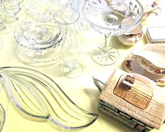 PRETY SMALL CRYSTAL / GLASS PIECES, LITTLE HOUSE TEA POT, FLORAL SERVING DISHES