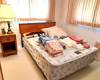 FULL SIZE MID CENTURY BED WITH MATCHING NIGHT STAND, LINENS FOR BATH AND DINING