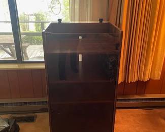 mid/mod smoke glass stereo cabinet with lifting top for turntable