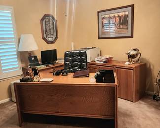Desks, file cabinets, credenza, and office equipment