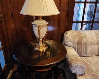 pair of beautiful lamps and 2 glass top end tables