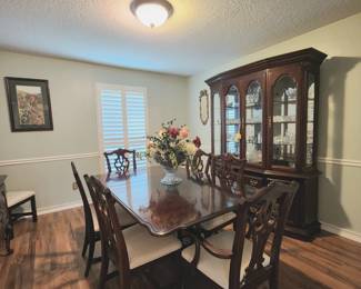 AVAILABLE FOR HALF PRICE !!!  
Dining Set by Sumpter Cabinet Co - Sumpter S.C. - Korn Industries, Inc. - Set includes:  Table with 8 chairs (2 arm chairs), lighted China cabinet, buffet  