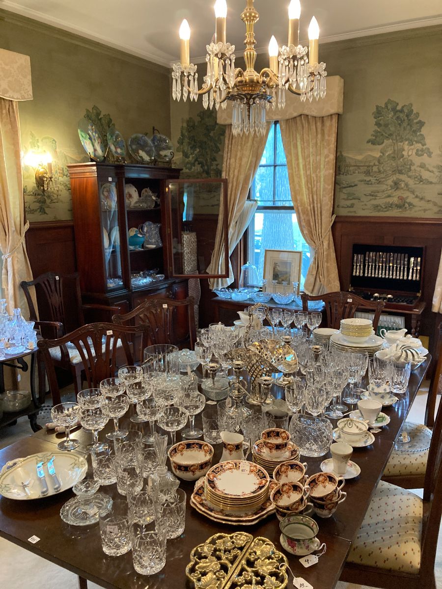 Crystal and china sets, dining room furniture, Window dressings