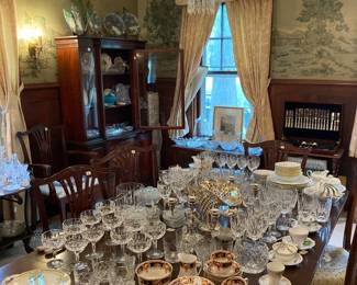 Crystal and china sets, dining room furniture, Window dressings
