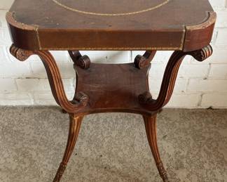 Art Deco Solid Wood Leather-Top Accent Table