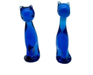Lot 423  
Vintage MCM Cobalt Blue Art Glass Cat Figurines (2ct)