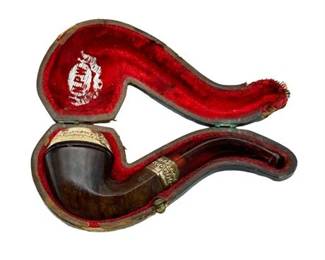 Lot 432  
N.P.W Tobacco Pipe with Brass Inlay and Leather Case