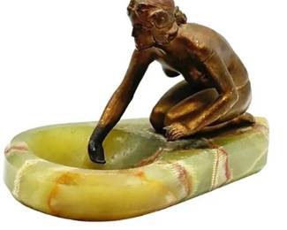 Lot 510   
Vintage Art Nouveau Brass Nude Lady Kneeling Tray on Green Onyx