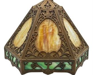 Lot 820   
Antique Art Nouveau Green and Caramel Slag Glass Hexagonal Ceiling Light