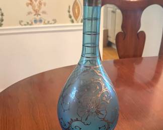 Vintage teal w/ silver overlay decanter - Italy