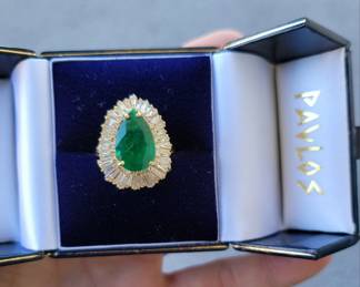 Stunning 18K, 4.17 Carat Natural Emerald and 2+ Carat Baguette Diamond Ring