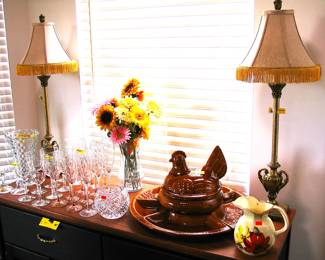 California Pottery Large Hen Soup Tureen with Four Side Dishes 1960's