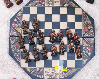 Vintage Peru Chess Set Hand Painted & Made Spaniards Vs Incas Hex Agonal Board/Box