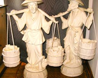 Vintage Asian Porcelain Man Carrying Water Buckets  20 inches Tall