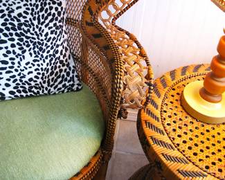 Vintage Wicker Peacock Chairs and Matching Table
