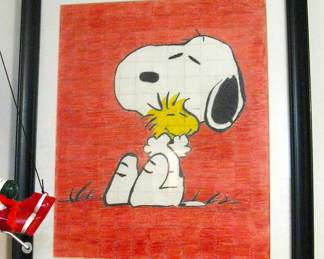 Large Framed Snoopy Cuddling Woodstock
