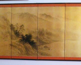 Vintage Signed Four Panel Japanese Silk Screen 