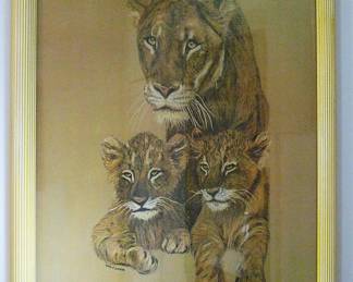 Vintage "African Lioness and Cubs" Lithograph Print Hans Paul Luetcke