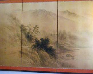 Vintage Signed Four Panel Japanese Silk Screen 